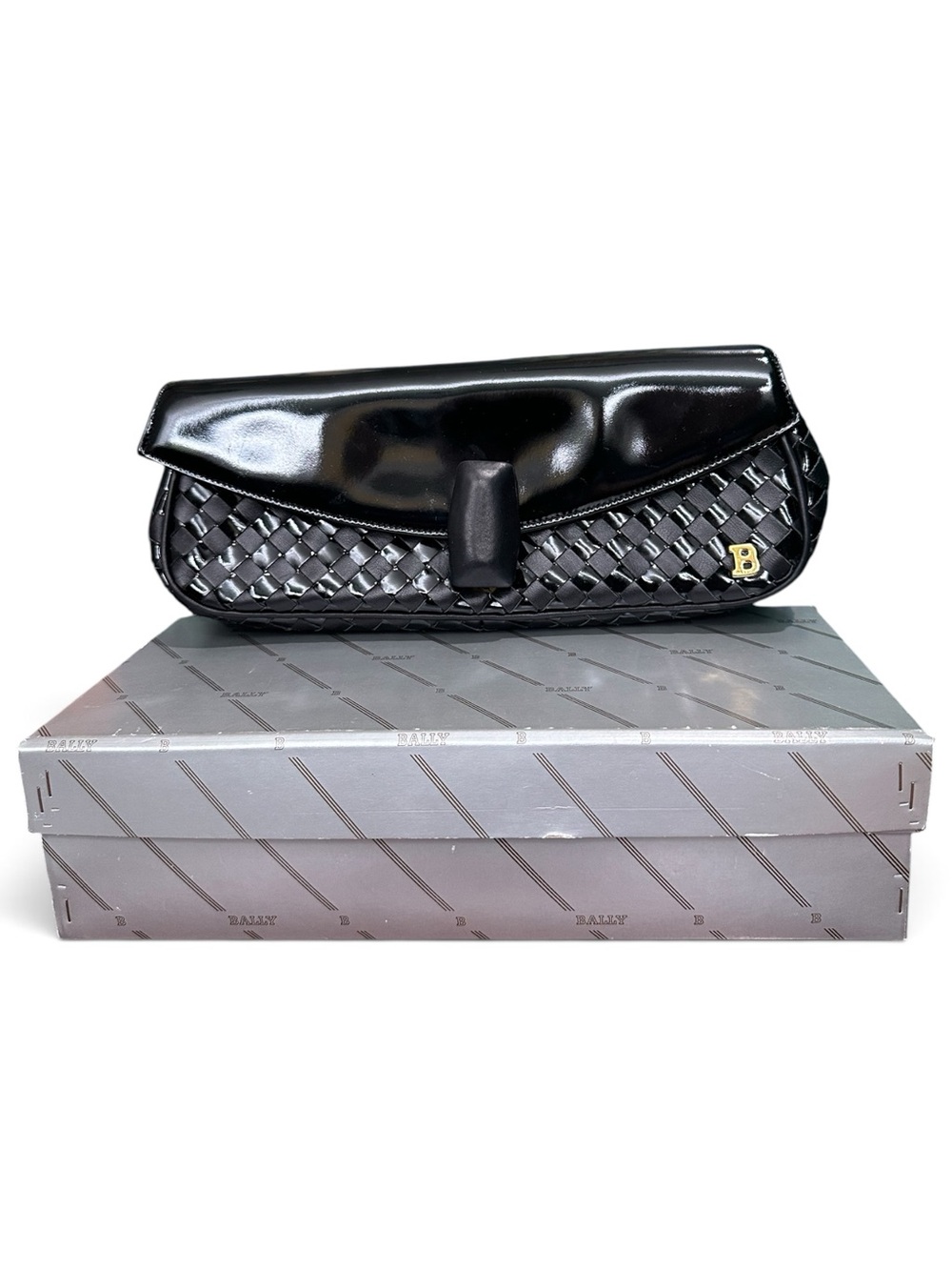Vintage Bally Intreccio Nero Woven Leather Clutch w Original Box